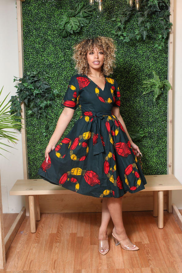 Bella wrap dress in green, yellow prints