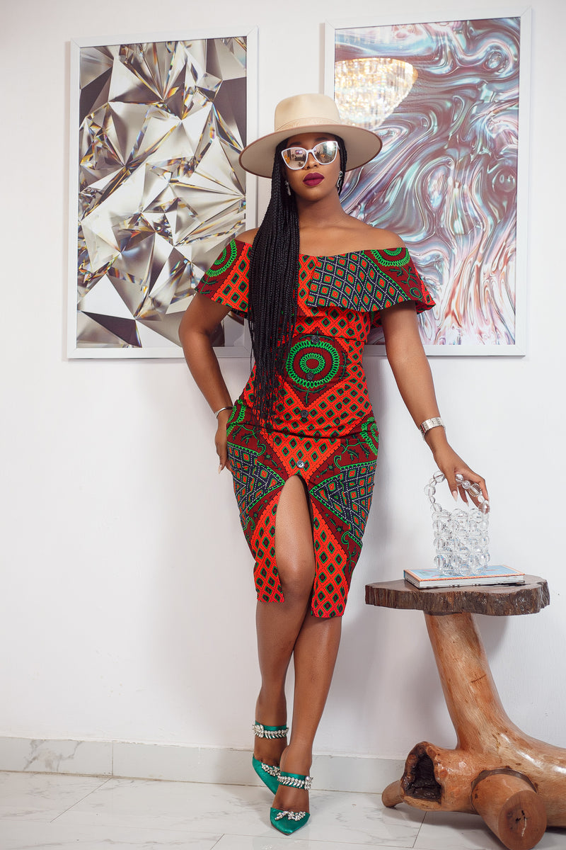 Enemona Fitted Ankara Off shoulder dress